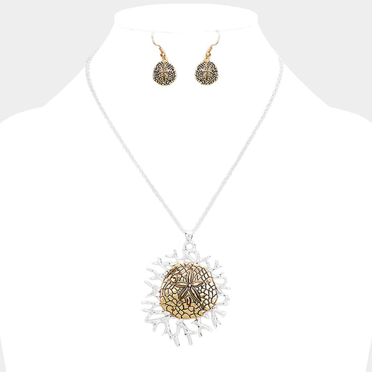 Metal Sand Dollar Coral Pendant Necklace