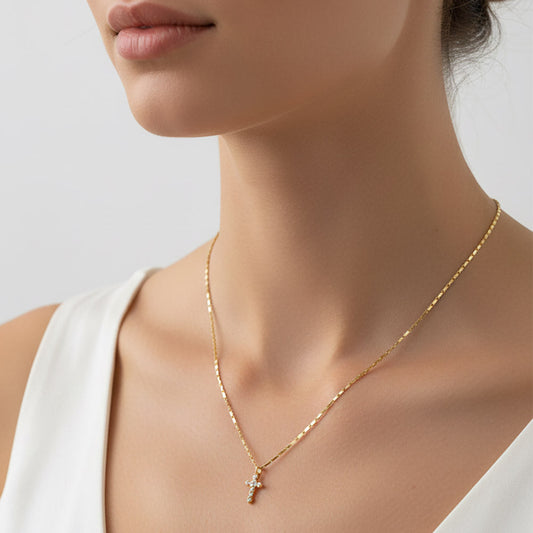 Gold Dipped CZ Stone Point Mini Cross Pendant Necklace