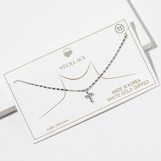 White Gold Dipped CZ Stone Point Mini Cross Pendant Necklace