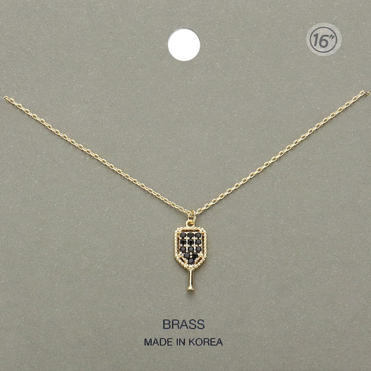 Stone Paved Brass Metal Pickleball Paddle Pendant Necklace