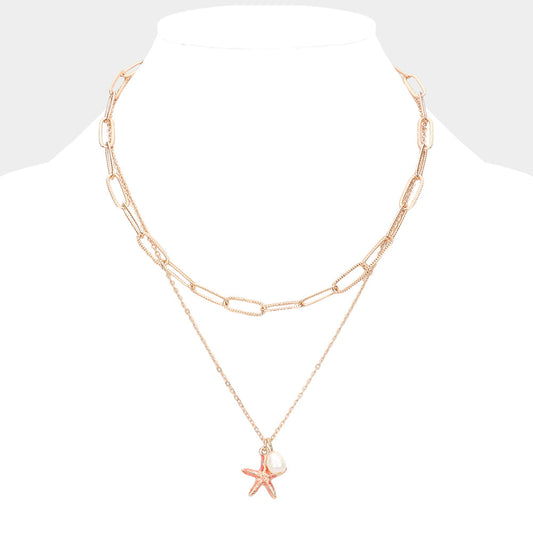 Starfish Freshwater Pearl Pendant Double Layered Necklace