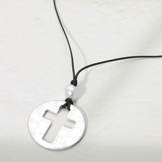 Hammered Brushed Metal Open Cross Medallion Pendant Cord Necklace