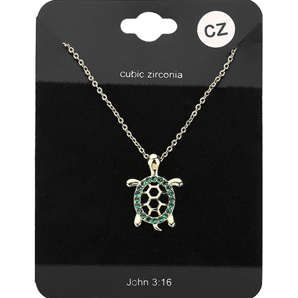 CZ Embellished Metal Turtle Pendant Necklace
