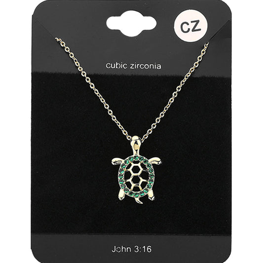 CZ Embellished Metal Turtle Pendant Necklace