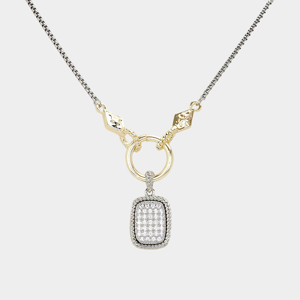 14K Gold Plated Two Tone CZ Stone Paved Rectangle Pendant Necklace