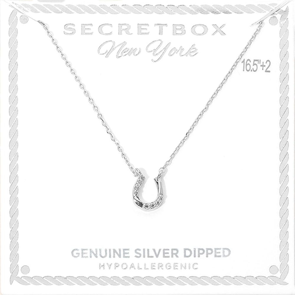 SECRET BOX_Genuine Silver Dipped Hypoallergenic Stone Pave Horseshoe Pendant Necklace