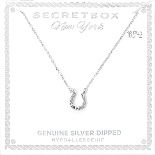 SECRET BOX_Genuine Silver Dipped Hypoallergenic Stone Pave Horseshoe Pendant Necklace
