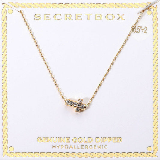 SECRET BOX_Genuine Gold Dipped Hypoallergenic Stone Paved Cross Pendant Necklace
