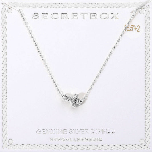 SECRET BOX_Genuine Silver Dipped Hypoallergenic Stone Paved Cross Pendant Necklace