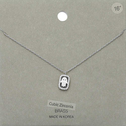 CZ Embellished Brass Metal Hamsa Hand Pendant Necklace