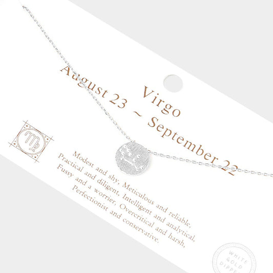 Virgo Gold Dipped CZ Zodiac Sign Metal Disc Pendant Necklace