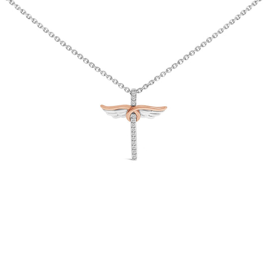 14K Rose Gold Plated Sterling Silver 1/5 Cttw Diamond Wing Cross Pendant Necklace-0