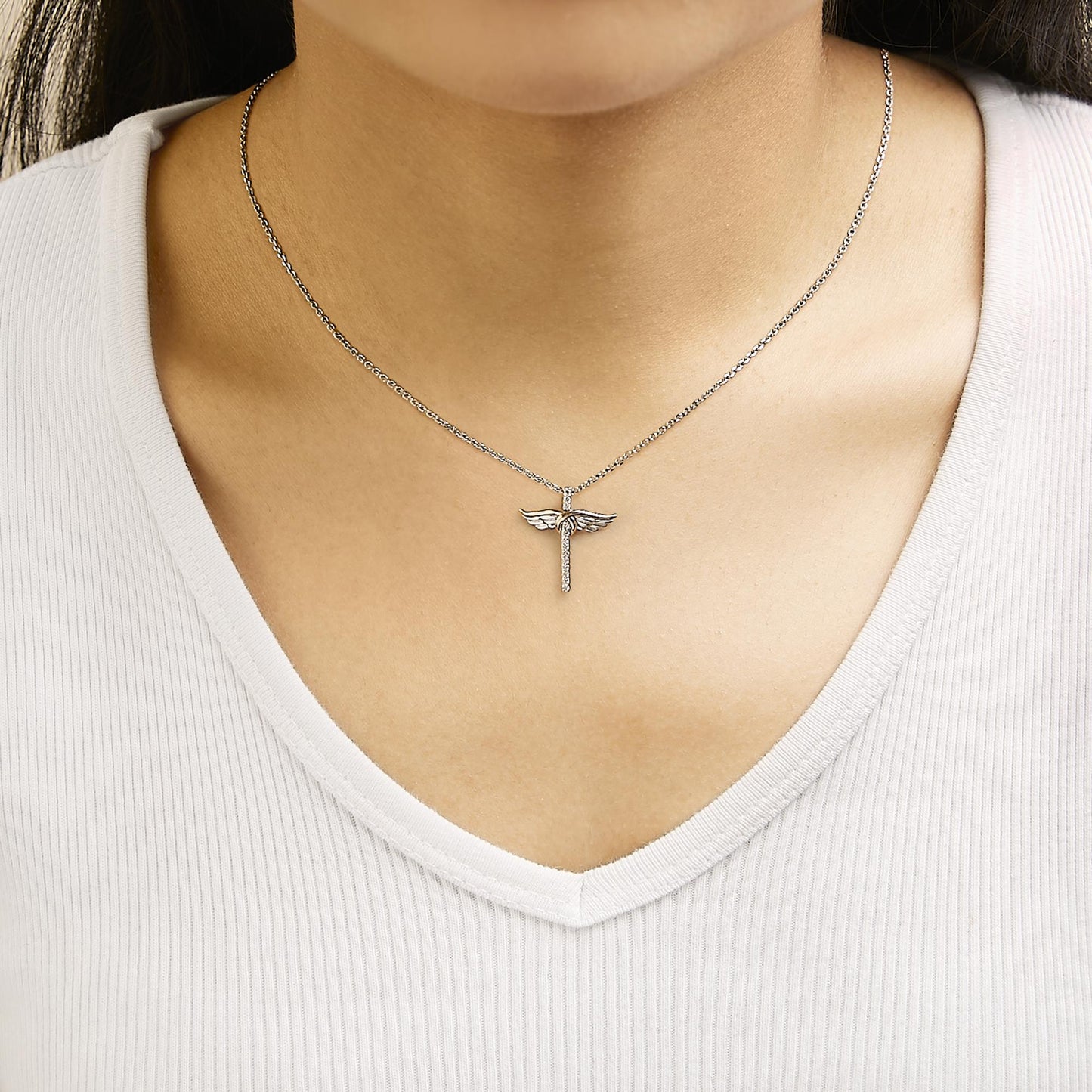 14K Rose Gold Plated Sterling Silver 1/5 Cttw Diamond Wing Cross Pendant Necklace-2