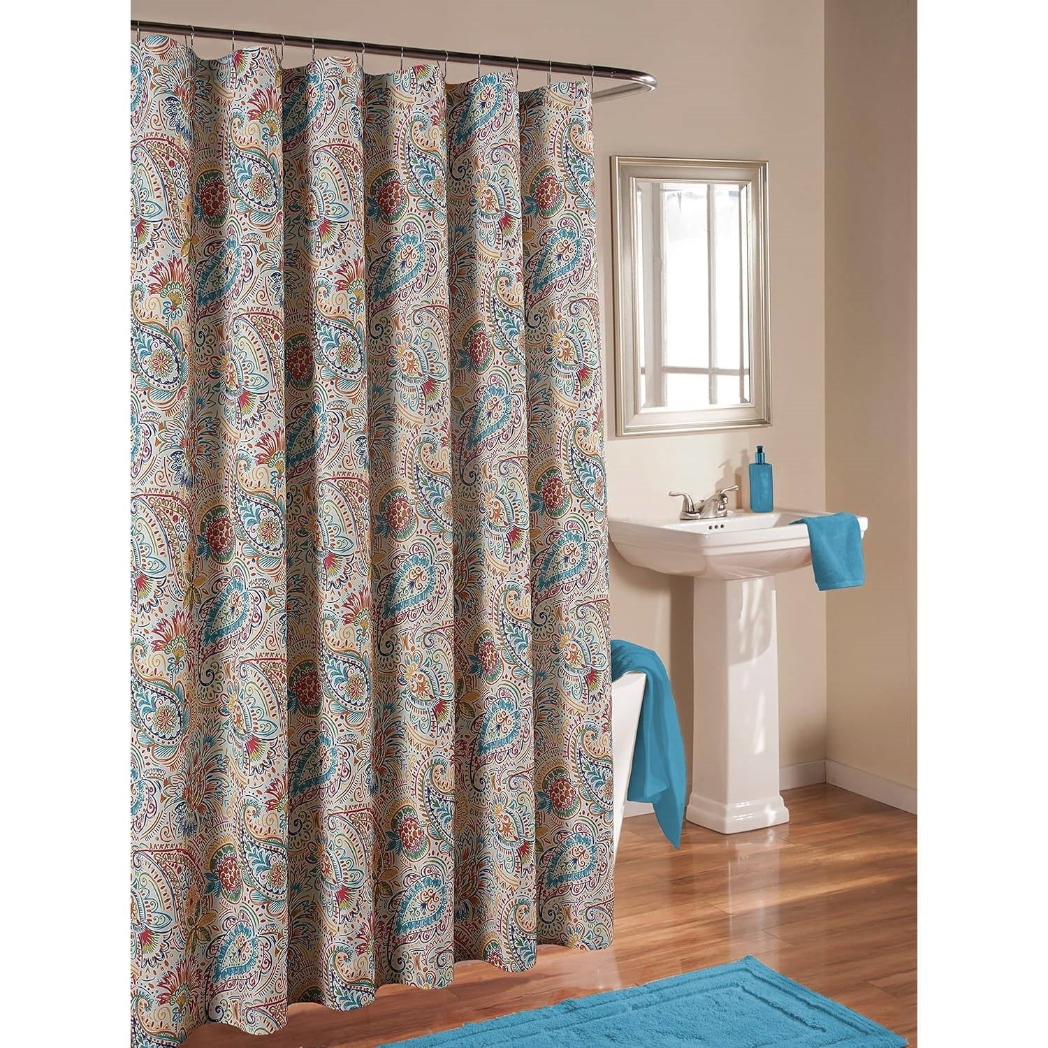 72-in. Paisley Polyester Fabric Shower Curtain in Vibrant Teal Red Yellow White-1