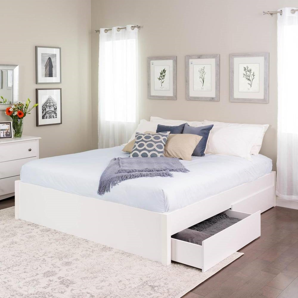 King Size 2 Drawer Storage White Wooden 4 Post Platform Bed  Frame-0