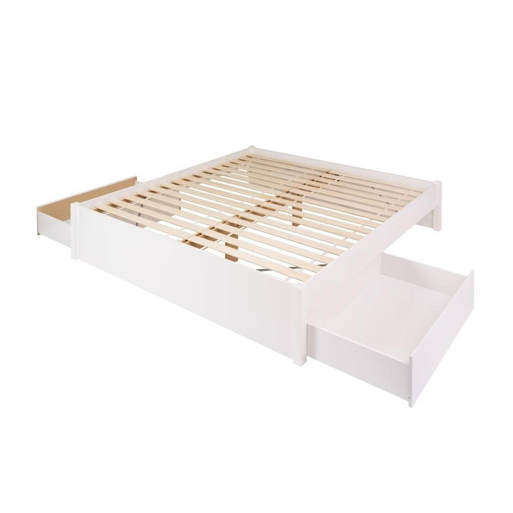 King Size 2 Drawer Storage White Wooden 4 Post Platform Bed  Frame-1