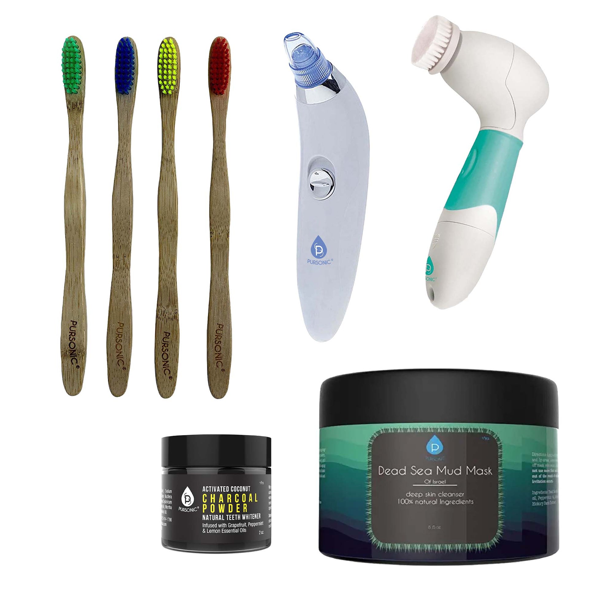 Pursonic Daily Detox Set - Pore Vacuum, Bamboo Toothbrushes, Charcoal Powder, Facial & Body Brush, and Dead Sea Mud Mask-0