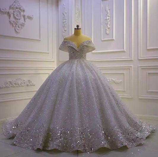 Luxurious Off-Shoulder Wedding Dress With Shiny Beads EDL178