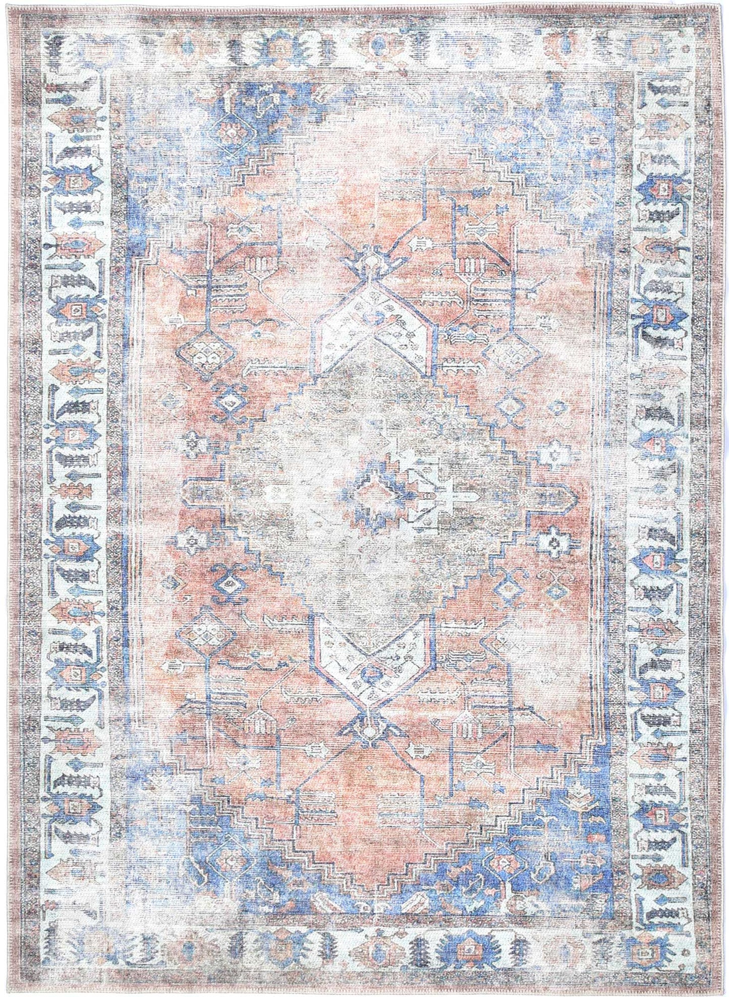 Distressed Vintage Pissarro Terracotta in Blue & Beige-5