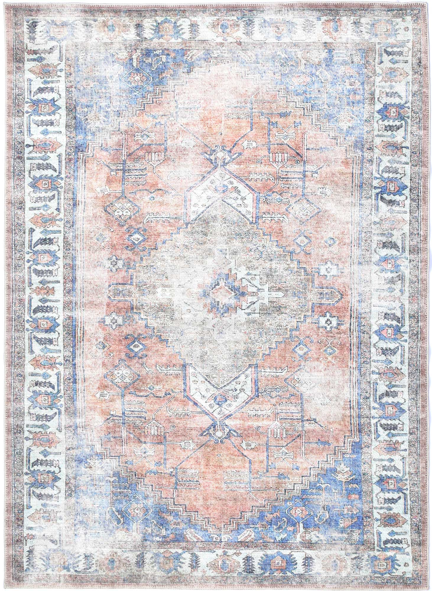 Distressed Vintage Pissarro Terracotta in Blue & Beige-5