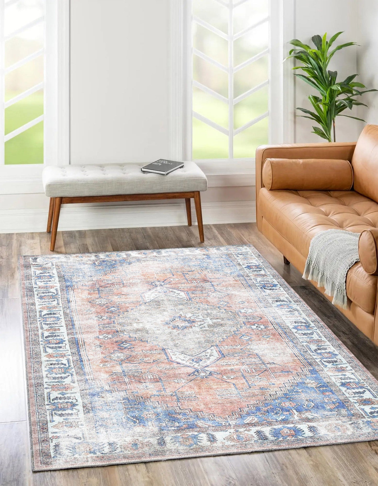 Distressed Vintage Pissarro Terracotta in Blue & Beige-3