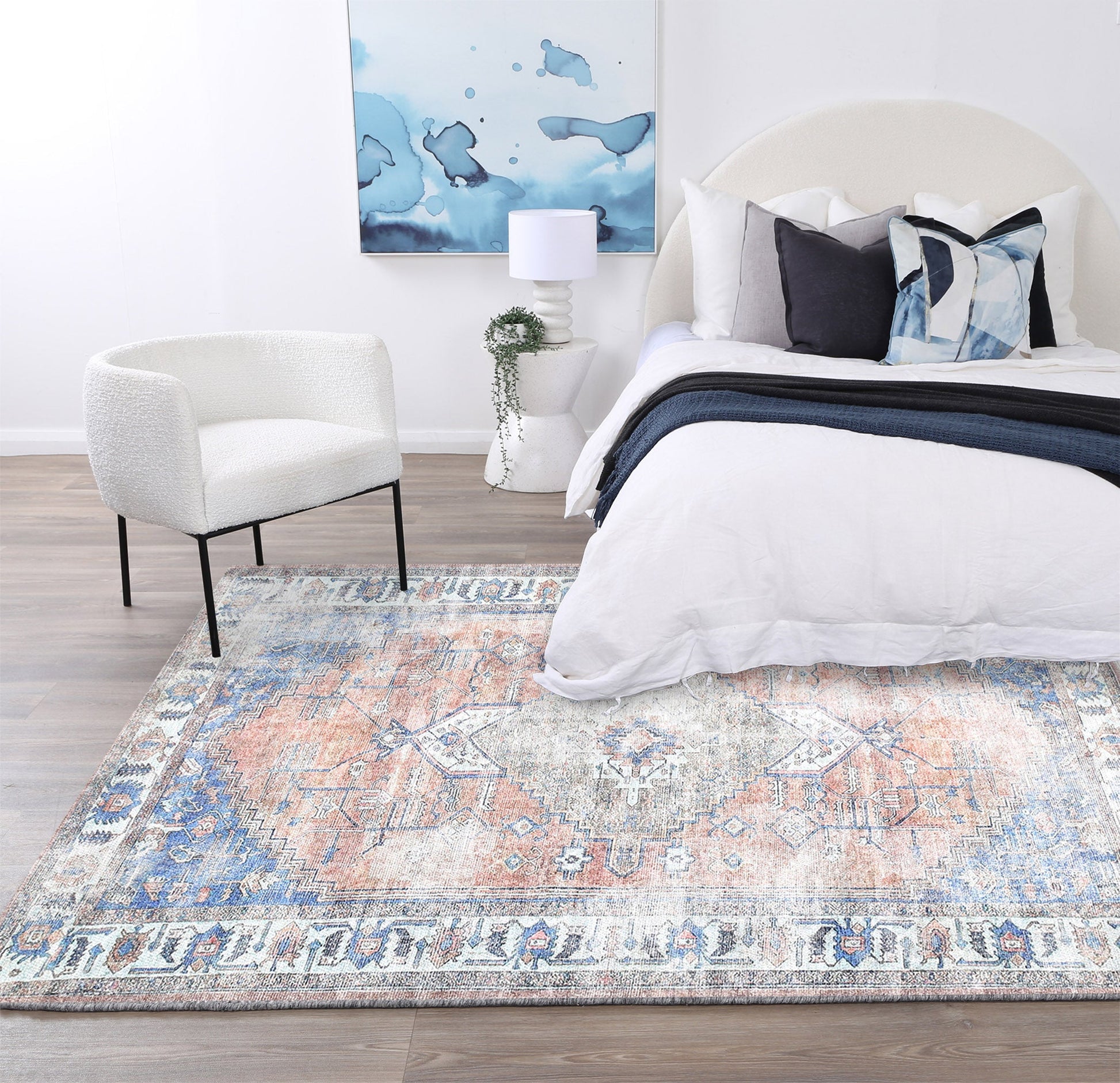 Distressed Vintage Pissarro Terracotta in Blue & Beige-4