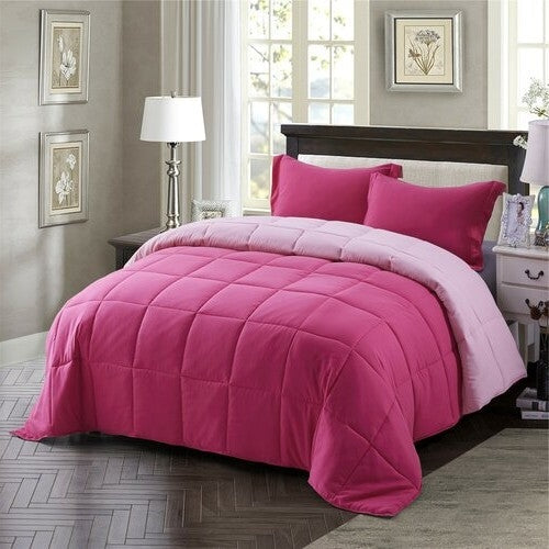 Twin/Twin XL Traditional Microfiber Reversible 3 Piece Comforter Set in Pink-0