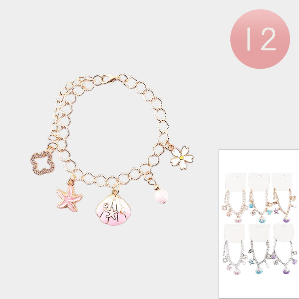 12PCS - Quatrefoil Starfish Shell Flower Charm Station Bracelets