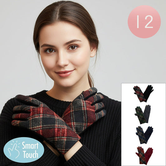 12Pairs - Plaid Pattern Smart Touch Winter Gloves