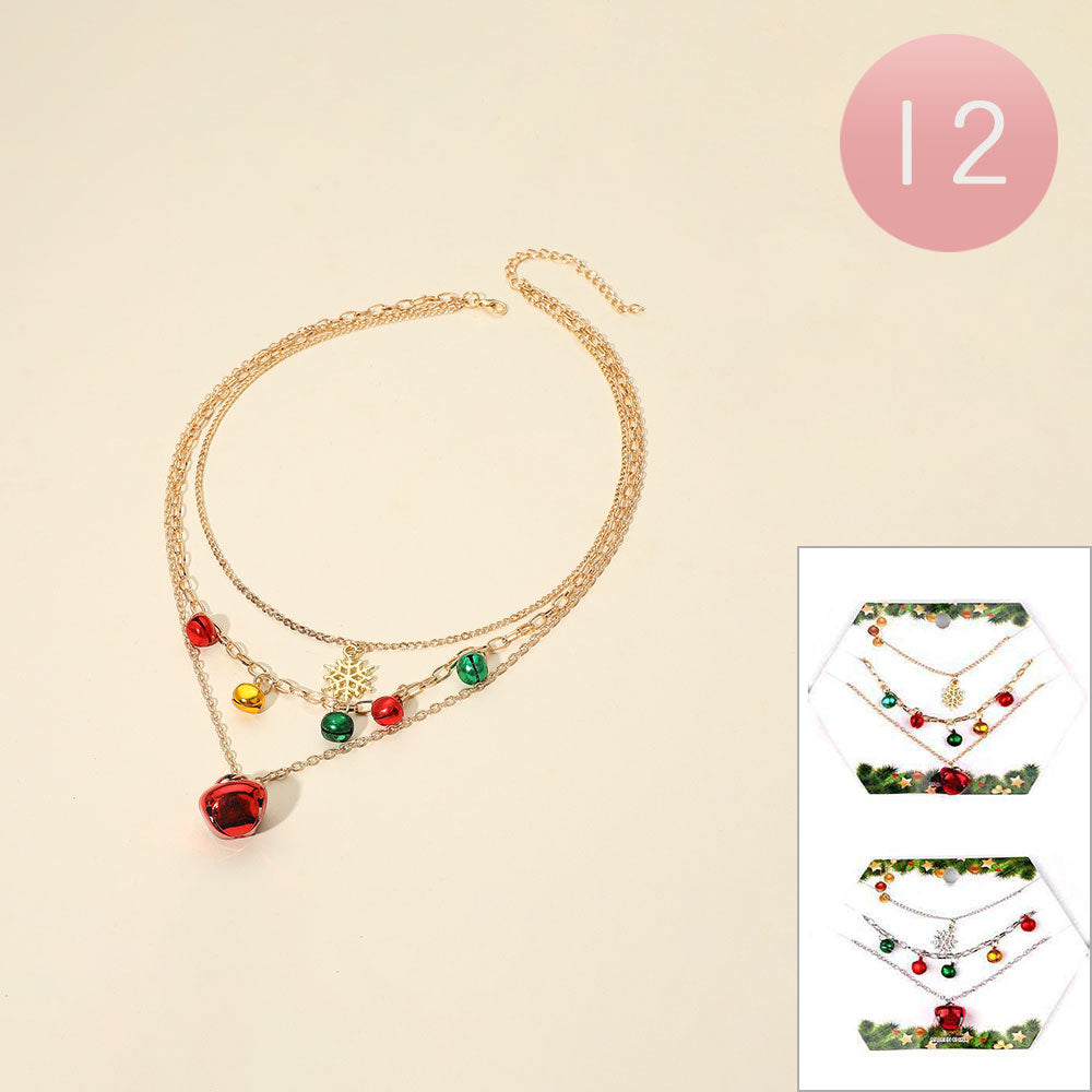 12PCS - Holiday Snowflake Jingle Bell Charm Accent Layered Necklaces