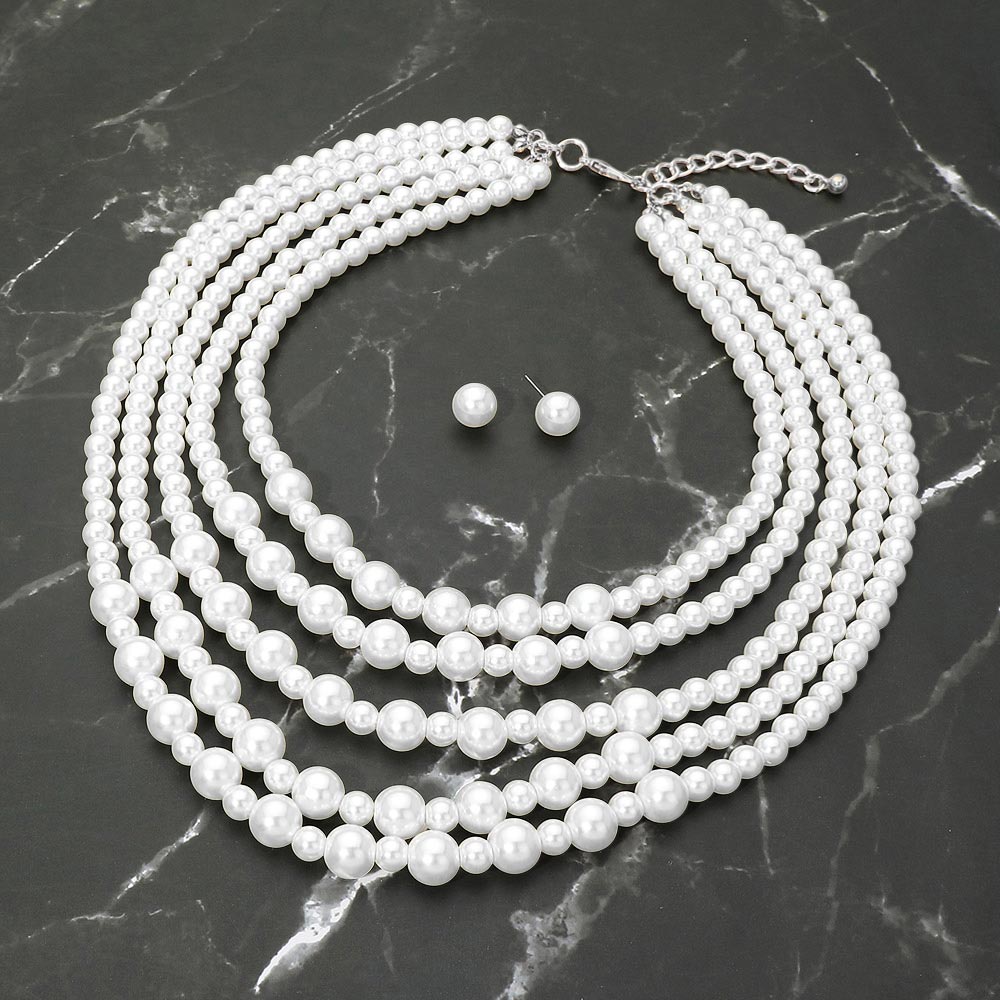 Classic Pearl Beaded Multi Strand Statement Necklace