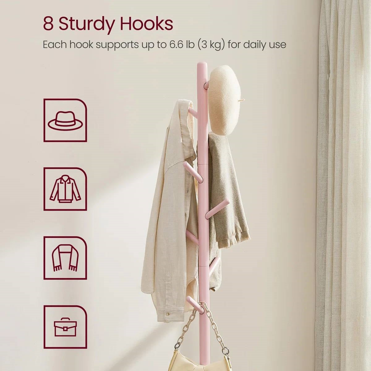 Modern Solid Wood Coat Rack Entryway Hall Tree Hat Stand in Pink-1