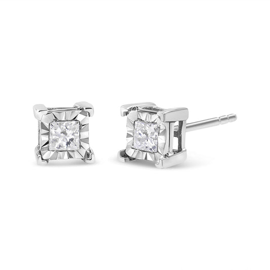 .925 Sterling Silver Miracle Set Princess-cut Diamond Solitaire Stud Earrings (H-I Color, I2-I3 Clarity)-0