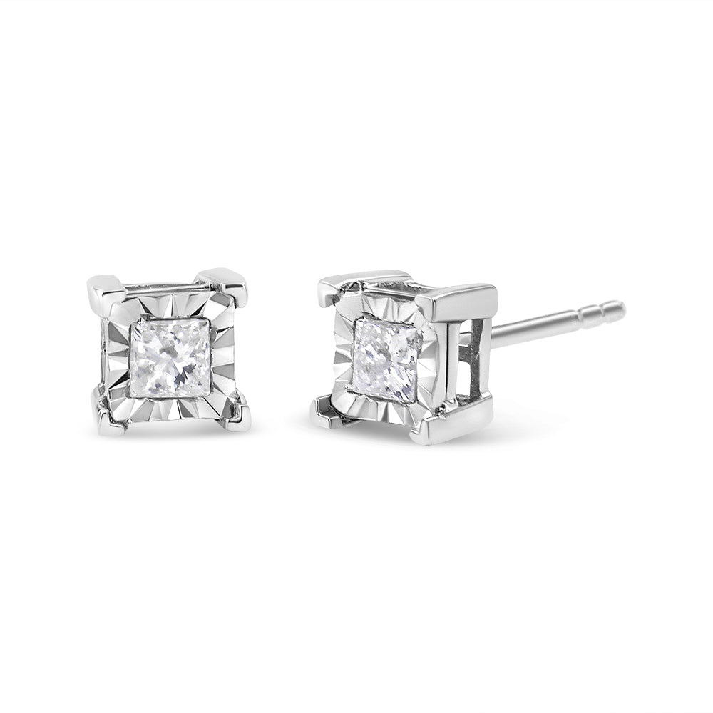 .925 Sterling Silver Miracle Set Princess-Cut Diamond Solitaire Stud Earrings (I-J Color, SI1-SI2 Clarity)-0