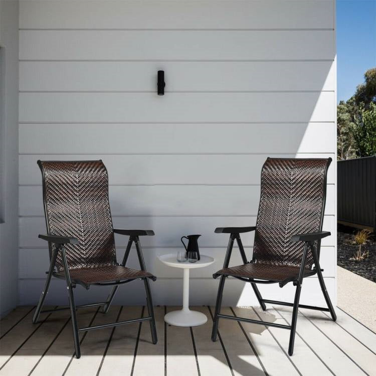 Outdoor Folding Steel Frame Rattan Patio Chair with Armrest in Brown-3