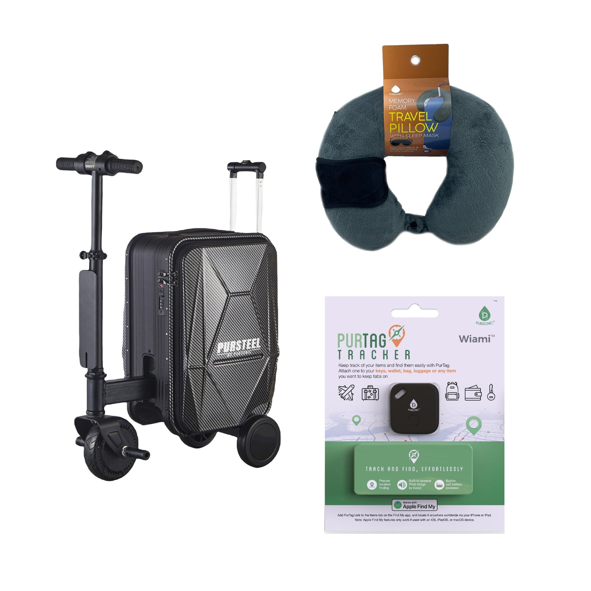 Smart Travel Set: Electric Luggage, Purtag Tracker & Memory Foam Pillow-0
