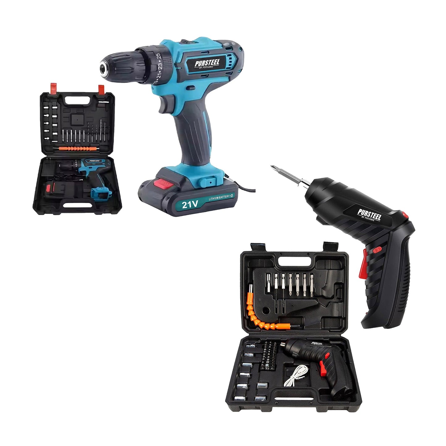 Power Tool Bundle: 21V Cordless Drill & Rechargeable Electric Screwdriver (47-Piece Set)-0