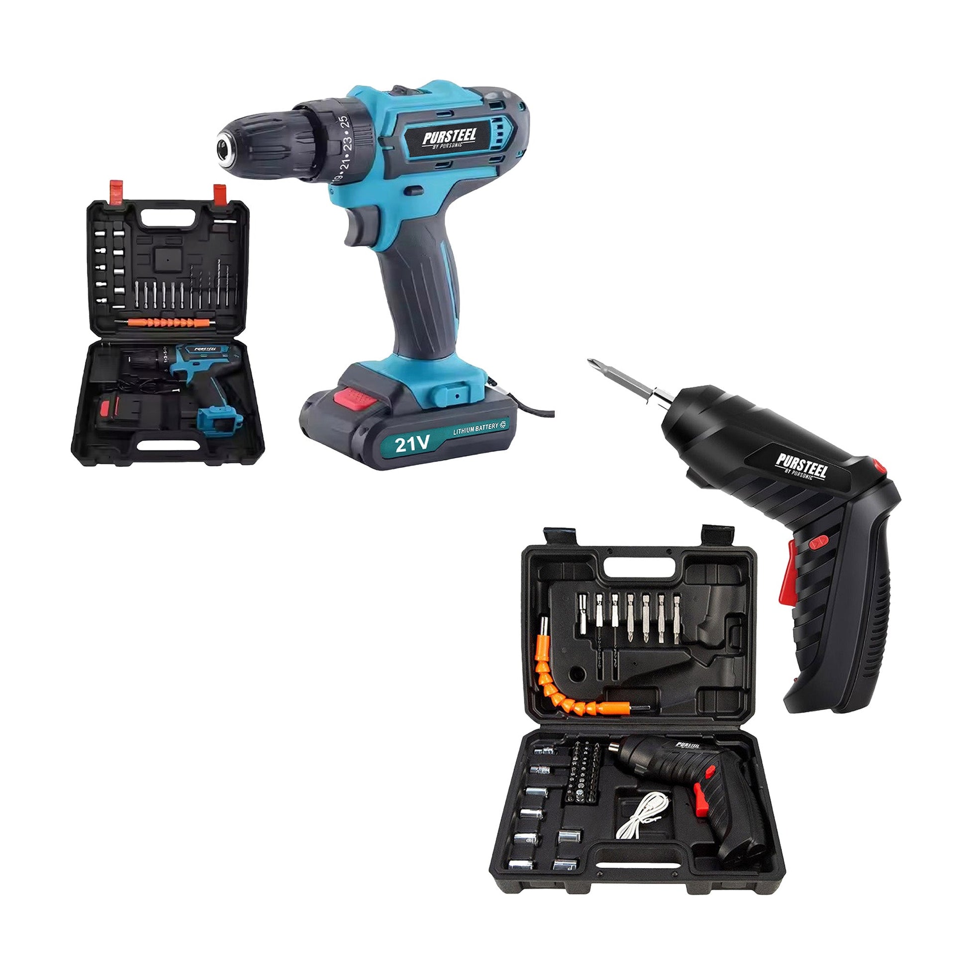 Power Tool Bundle: 21V Cordless Drill & Rechargeable Electric Screwdriver (47-Piece Set)-0