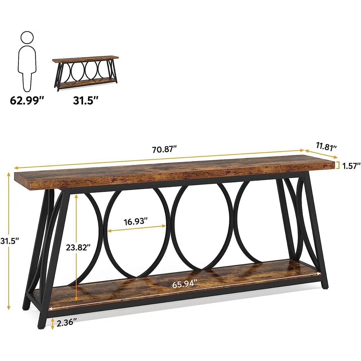 Industrial 70-in. Brown Wood Top Console Table with Heavy Duty Black Metal Frame-4