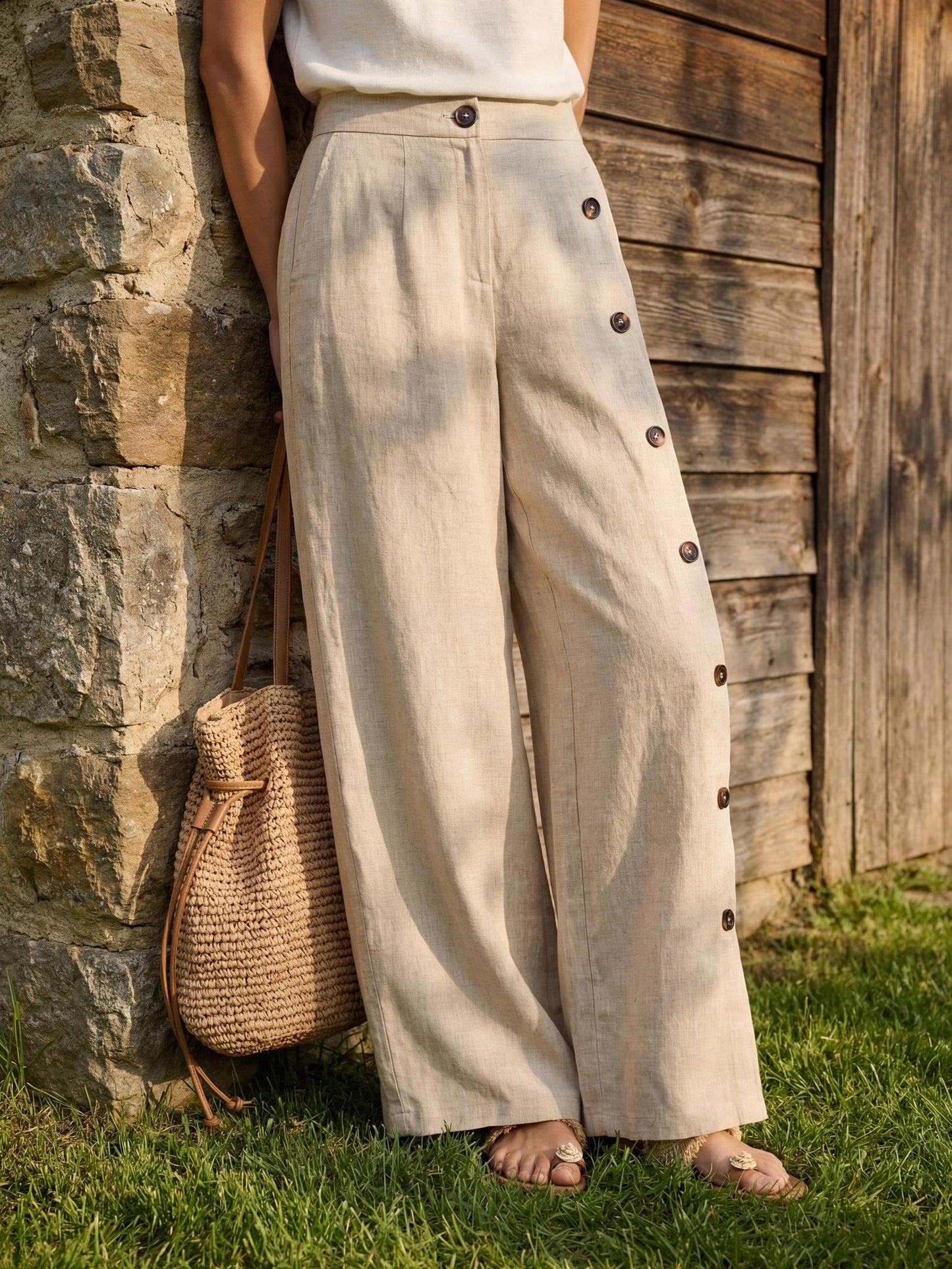 100% Linen Buttoned Slit-Hem Pants KATYA