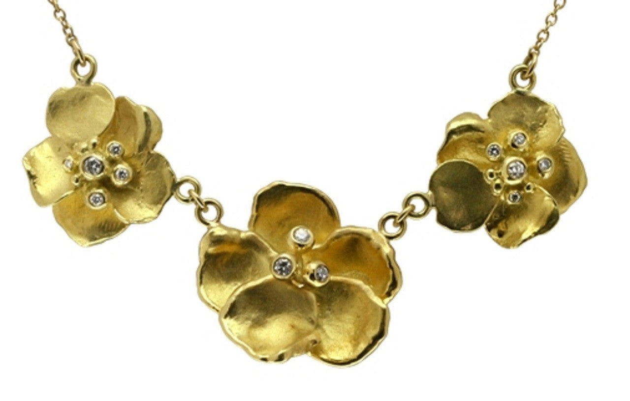 Metal Petals- Three Pansy Necklace-18K Gold with Diamond Center-3