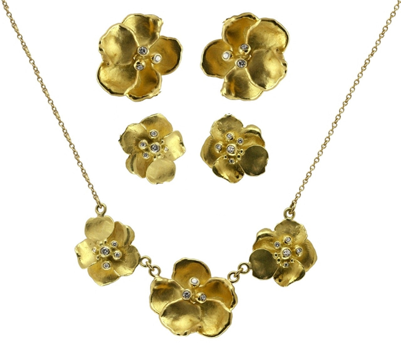 Metal Petals- Three Pansy Necklace-18K Gold with Diamond Center-5
