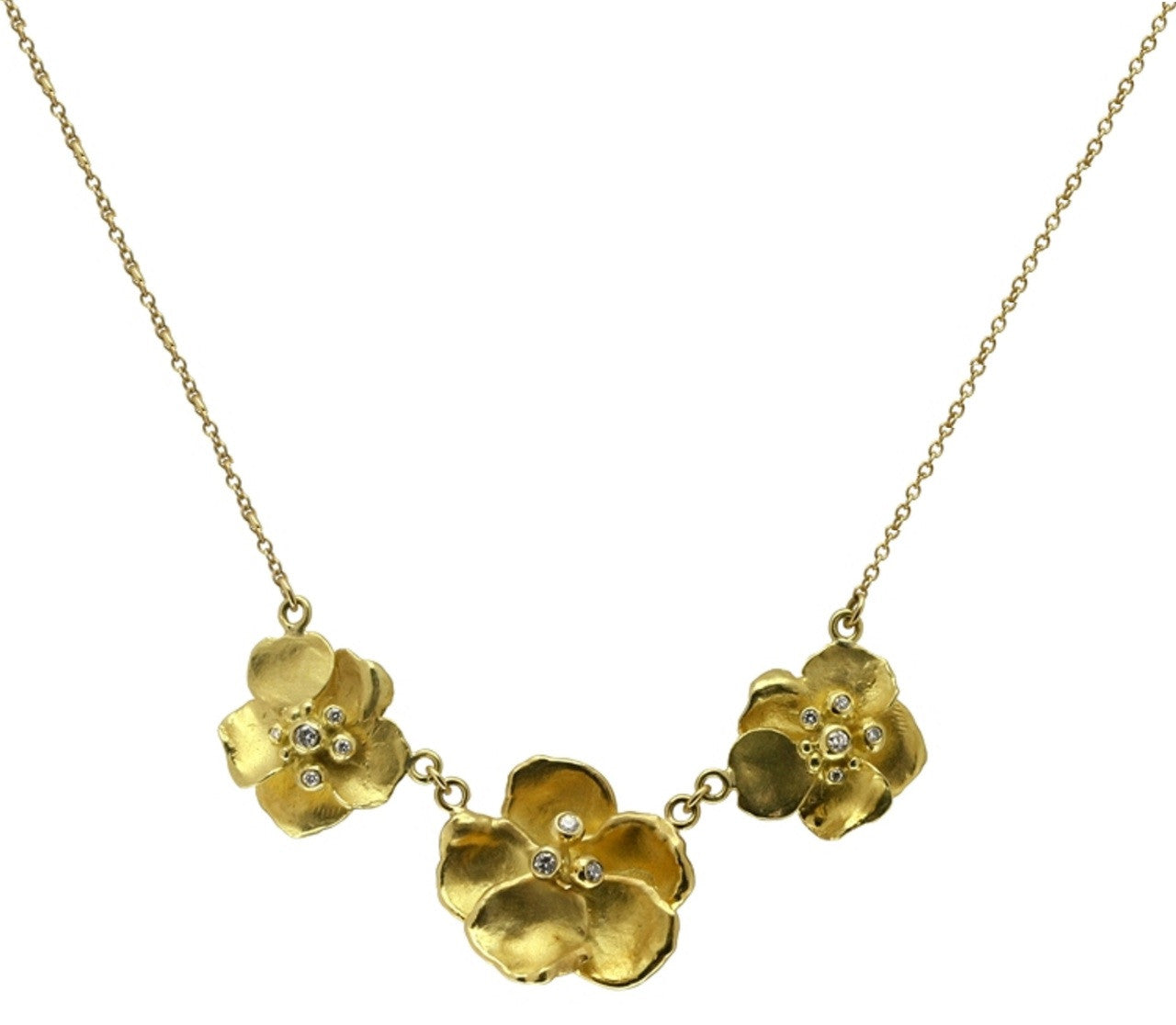 Metal Petals- Three Pansy Necklace-18K Gold with Diamond Center-9