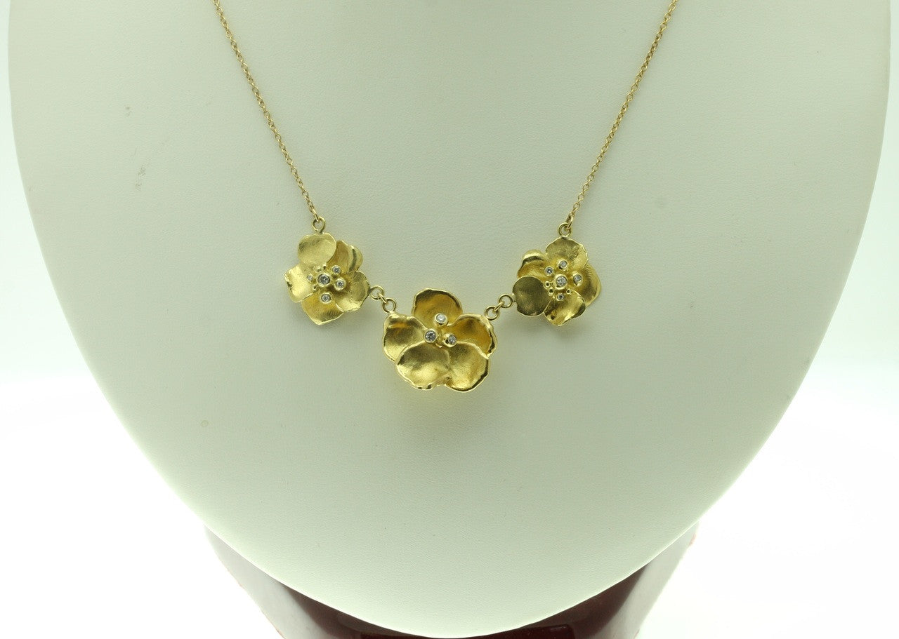 Metal Petals- Three Pansy Necklace-18K Gold with Diamond Center-12