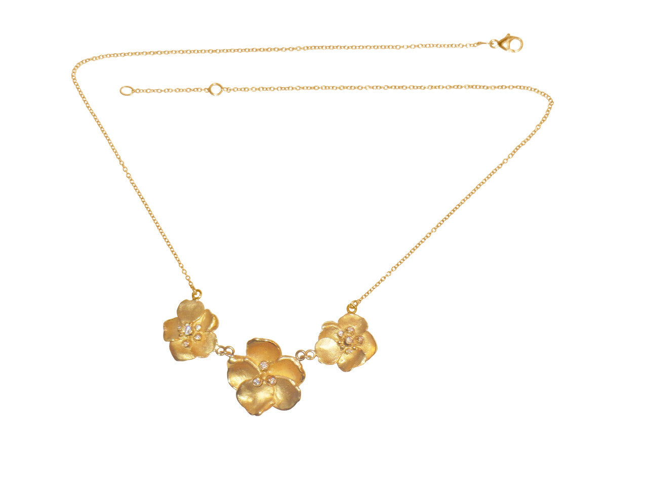 Metal Petals- Three Pansy Necklace-18K Gold with Diamond Center-1