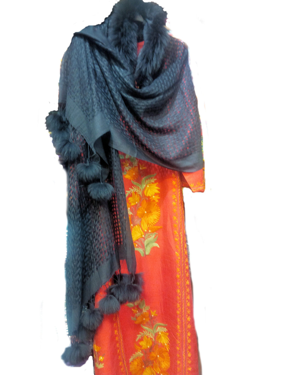 Pashmina from Oman: Furry Collar & Pom Pom Trim- Black-16