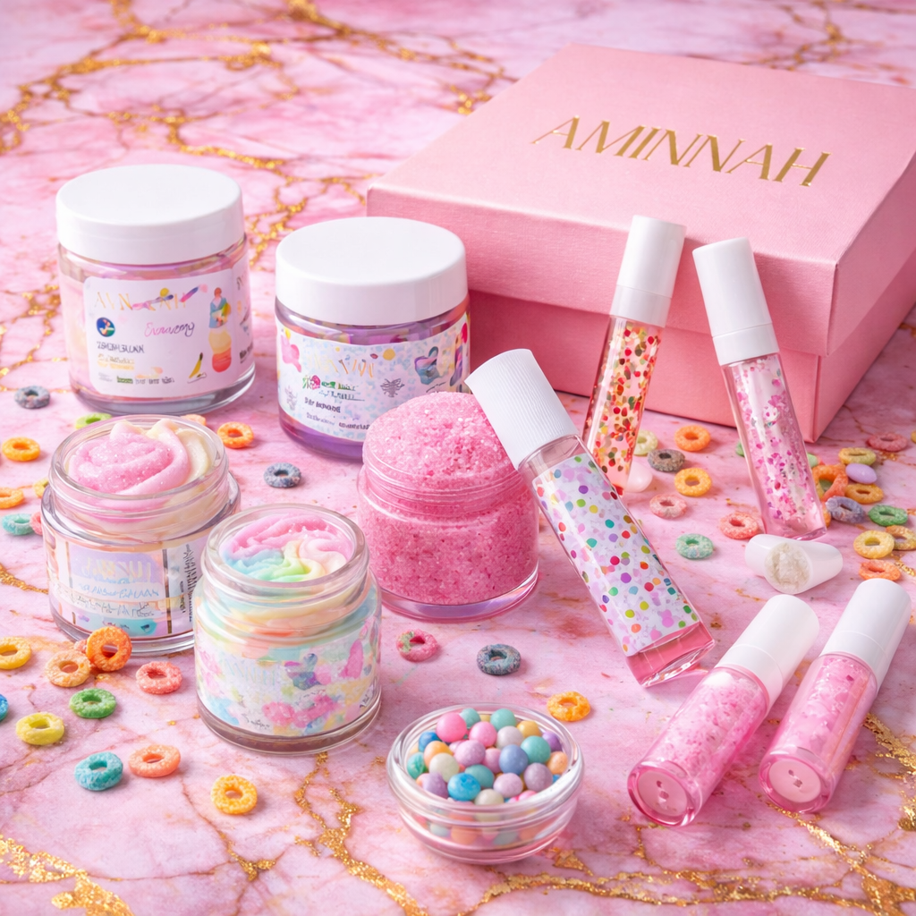 Assorted beauty products with colorful packaging on a pink marble background, featuring the brand 'Aminnah'. vegan natural organic cruelty-free skincare brand. AMINNAH
