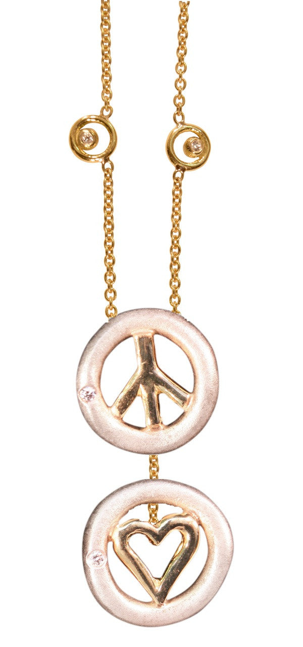 Peace & Love necklace 18K gold with dots of diamonds karma chain--Vertical Version-1