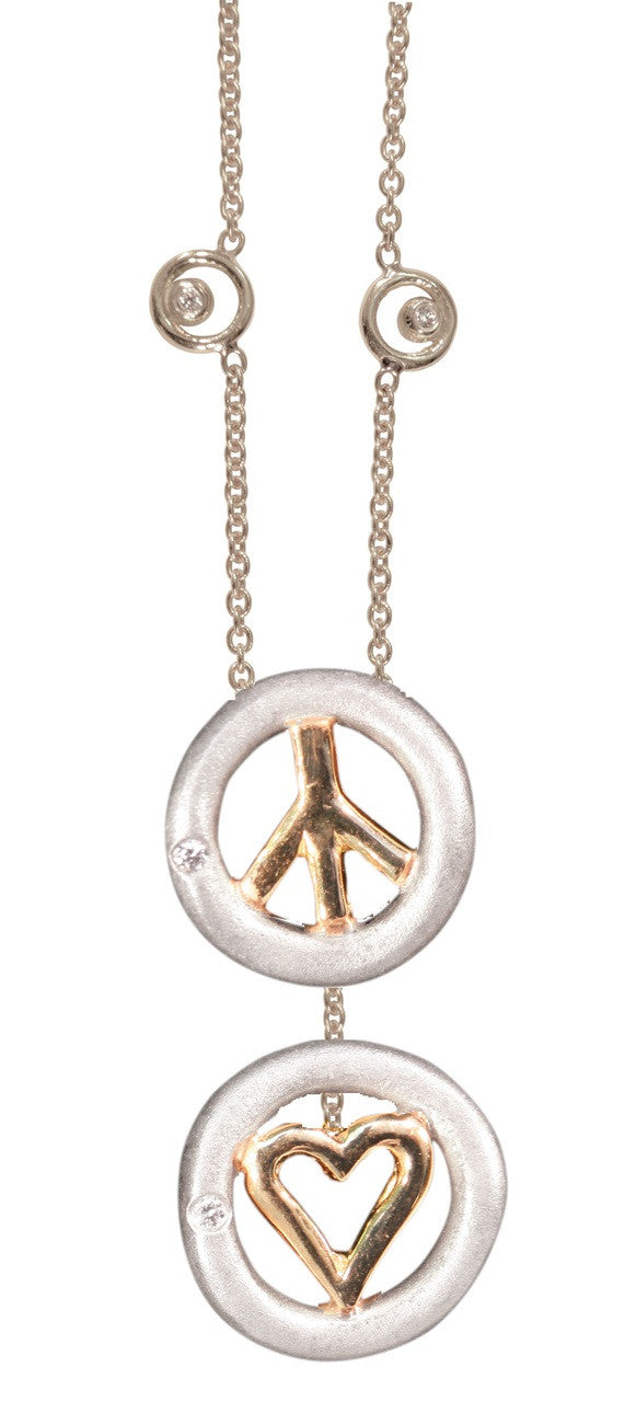 Peace & Love necklace 18k, sterling- silver dots of diamonds karma chain-Vertical Version-1