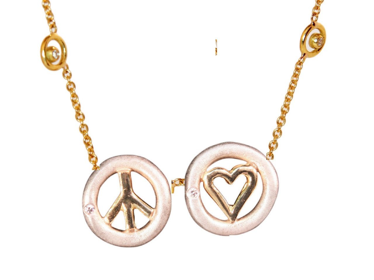 Peace & Love necklace 18K gold with dots of diamonds karma chain-Horizontel Version-0